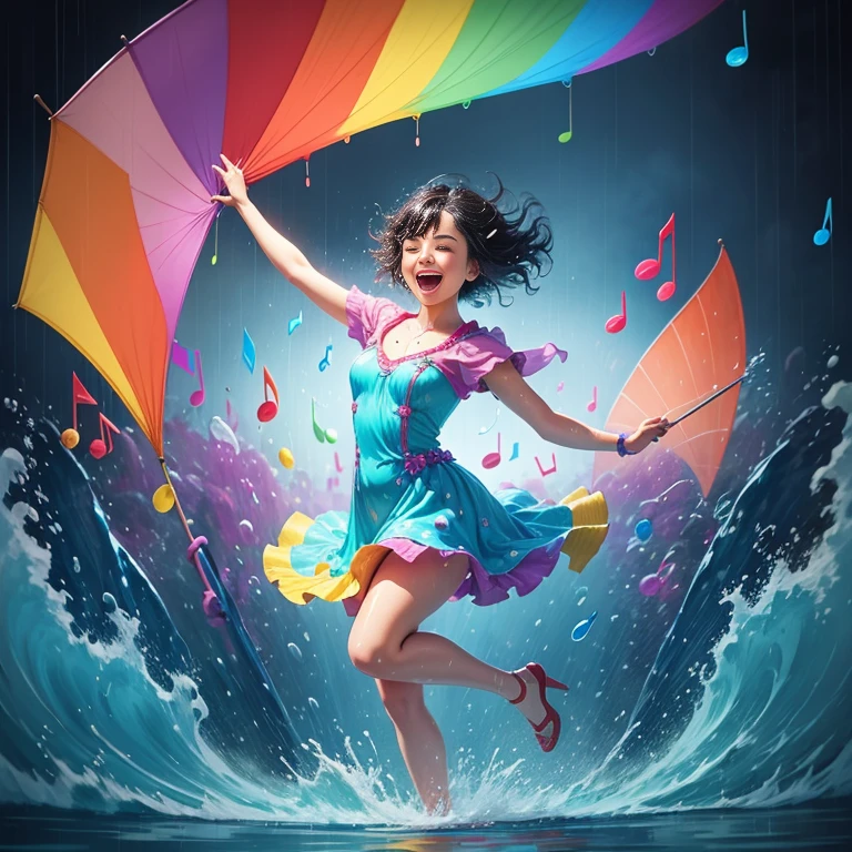 Doodle of a joyful person dancing under the rain, umbrella in hand, water splashing around, with musical notes and raindrops in the background, vibrant colors and whimsical style.