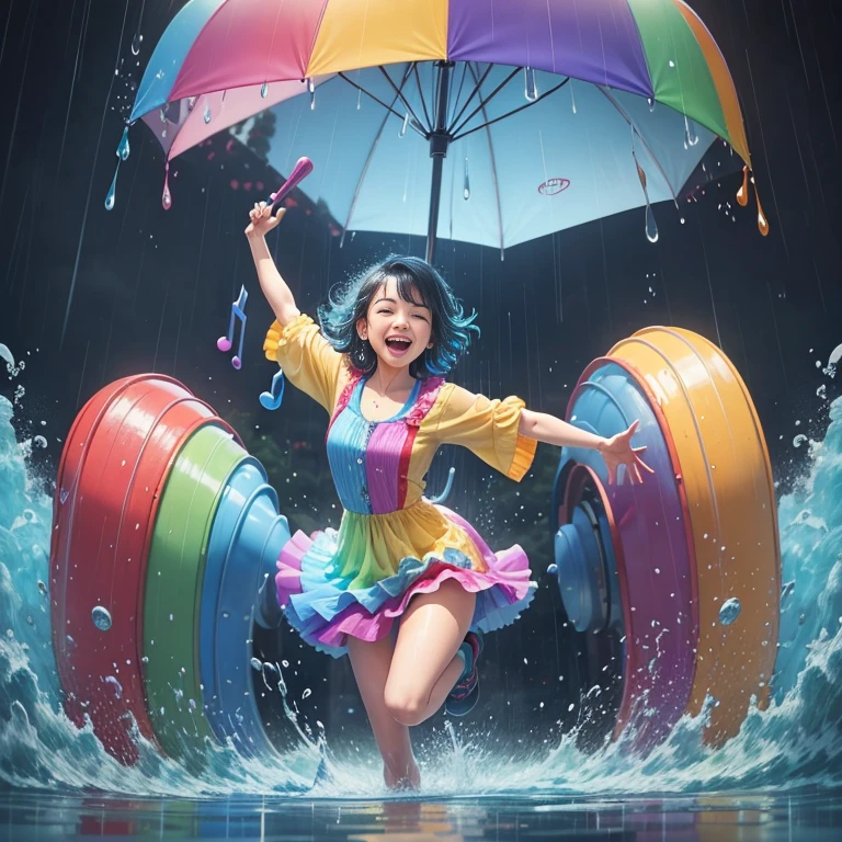 Doodle of a joyful person dancing under the rain, umbrella in hand, water splashing around, with musical notes and raindrops in the background, vibrant colors and whimsical style.