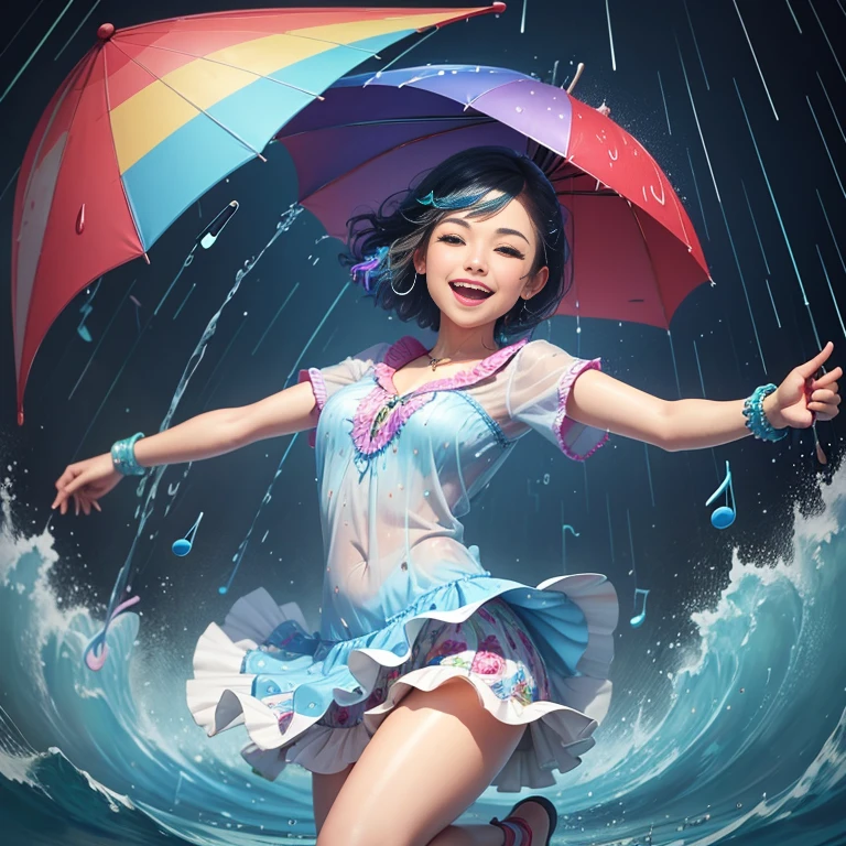 Doodle of a joyful person dancing under the rain, umbrella in hand, water splashing around, with musical notes and raindrops in the background, vibrant colors and whimsical style.