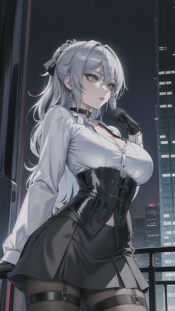 Masterpiece, Beautiful art, professional artist, 8k, art style by sciamano240, rostro de Bronya Zaychik, detailed body, Very detailed face, Detailed clothing, detailed fabric, Best Quality, better resolution,  1 girl, big breasts, serious expression, city background, at night , silver hair, choker:1.6, (long sleeve white collar buttoned shirt), (shiny black corset), black gloves covering your hands, (shiny black miniskirt), ,