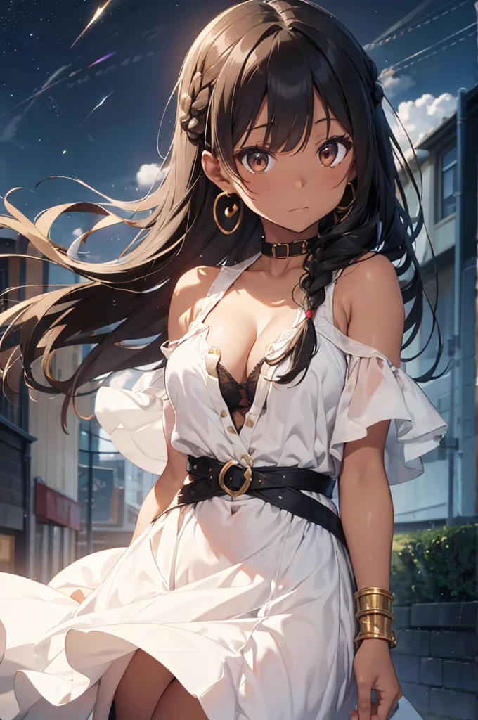 Egiptian princess in the anime is wearing a gold dress with her hair in braids, sexy , 1girl, breasts, solo,DARK SKIN , long hair, black hair, looking at viewer, dress, jewelry, earrings, brown eyes, white dress, bare shoulders, covered navel, sleeveless dress, outdoors, cleavage, sleeveless, medium breasts, day, closed mouth