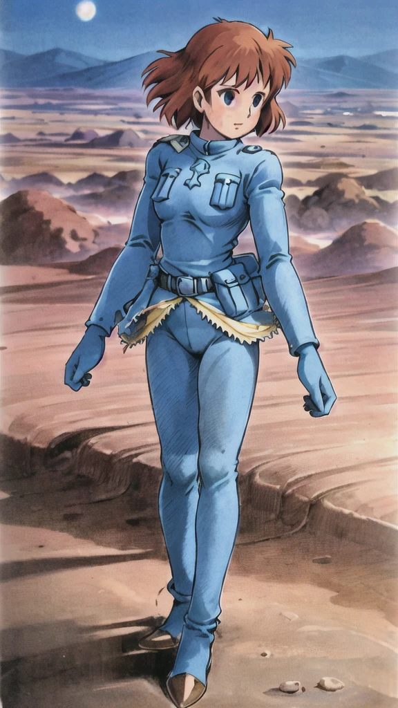 Nausicaa C,One girl,
Blue clothes,
desert,