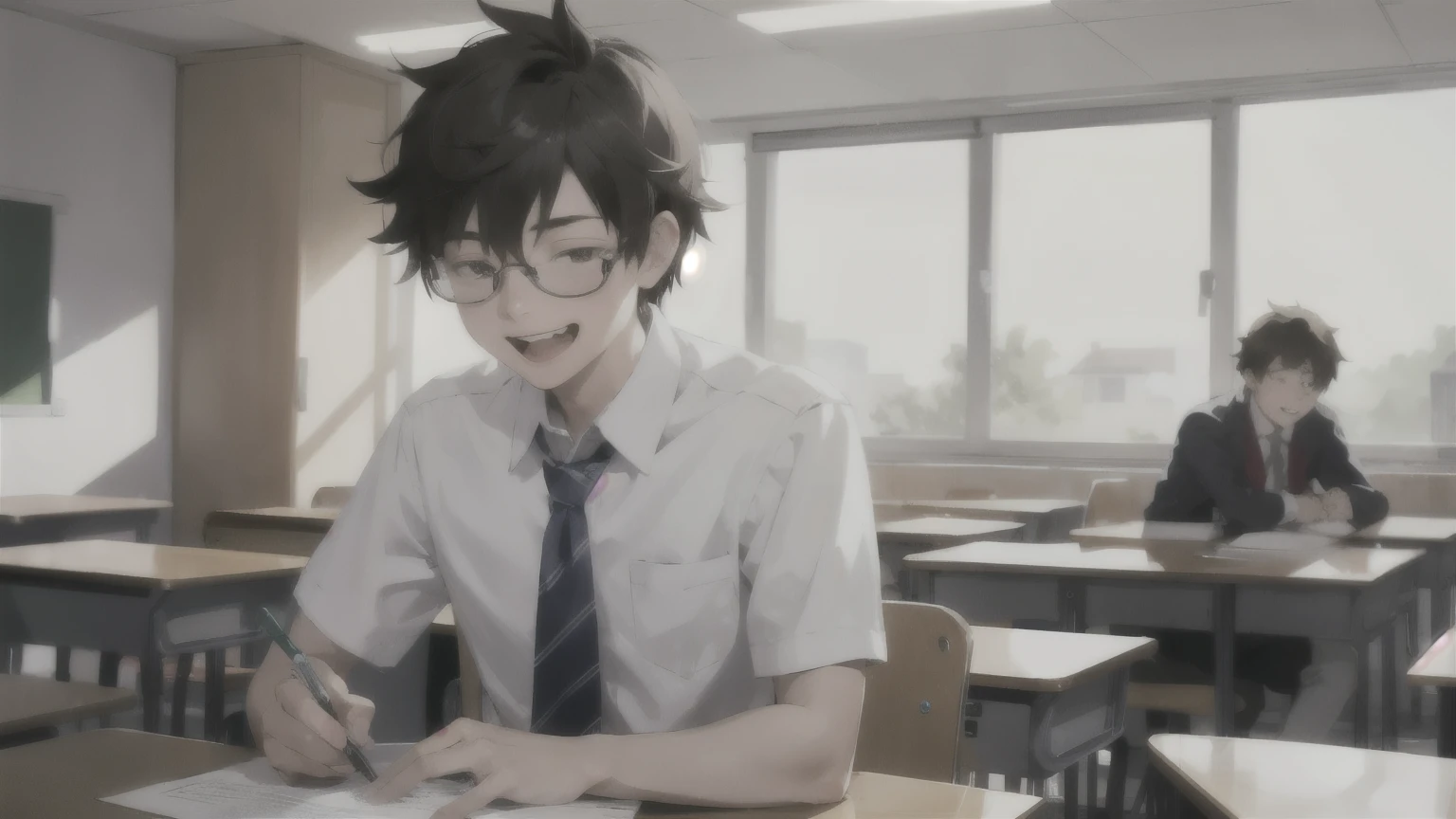A male high school student is taking a test in the classroom,laughing
