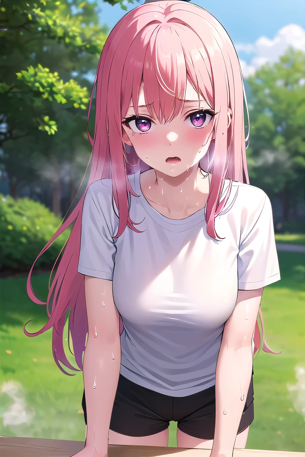 (8K, top-quality, masterpiece:1.2), (reallistic, Photorealsitic:1.37), Super Detail, One girl,), (Highly detailed), (beautifully detailed eyes), (of the highest quality), (super detailed ), (masterpiece), (Detailed face),20yr old, ,1 girl, ((pink hair,long hair)), medium breasts, clothed, Perfect Lighting, BREAK, (white shirt:1.5), (cotton:1.2), (soft:1.2), (casual:1.2), (loose:1.2), (rolled-up sleeves:1.2), (dark shorts:1.3), (white socks:1.2), (white sneakers:1.2), (gold accessories:1.1), (silver accessories:1.1), BRAKE, (upper body to thighs:1.2), (pink long hair:1.2), (waves:1.1), (shoulder-length:1.1), (expression of discomfort:1.2), (wiping sweat:1.2), (flapping shirt:1.2), (facing forward:1.1), (looking at viewer:1.1), (leaning forward:1.1), (park background:1.2), (summer lighting:1.2), BRAKE (sweat:1.5), (steam:1.2), (girl trembling with sexual climax:1.1), (looking at viewer:1.3),