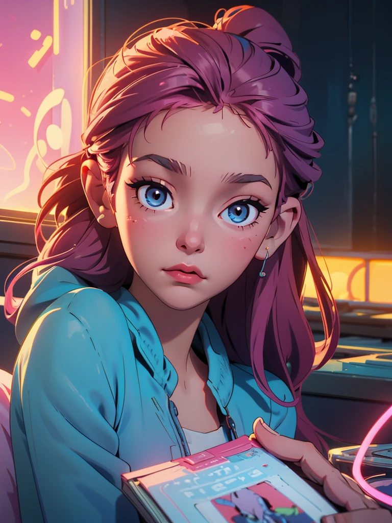 In the soft glow of neon lights, a young girl lies peacefully asleep, her earbuds still in place, connected to a phone that rests gently against her chest. The serene expression on her face suggests a tranquil escape into dreams, perhaps lulled by the soothing melodies of her favorite lofi tracks. The surrounding hues of blue and pink cast a dreamy ambiance, encapsulating a moment of quiet solace in the midst of the night.