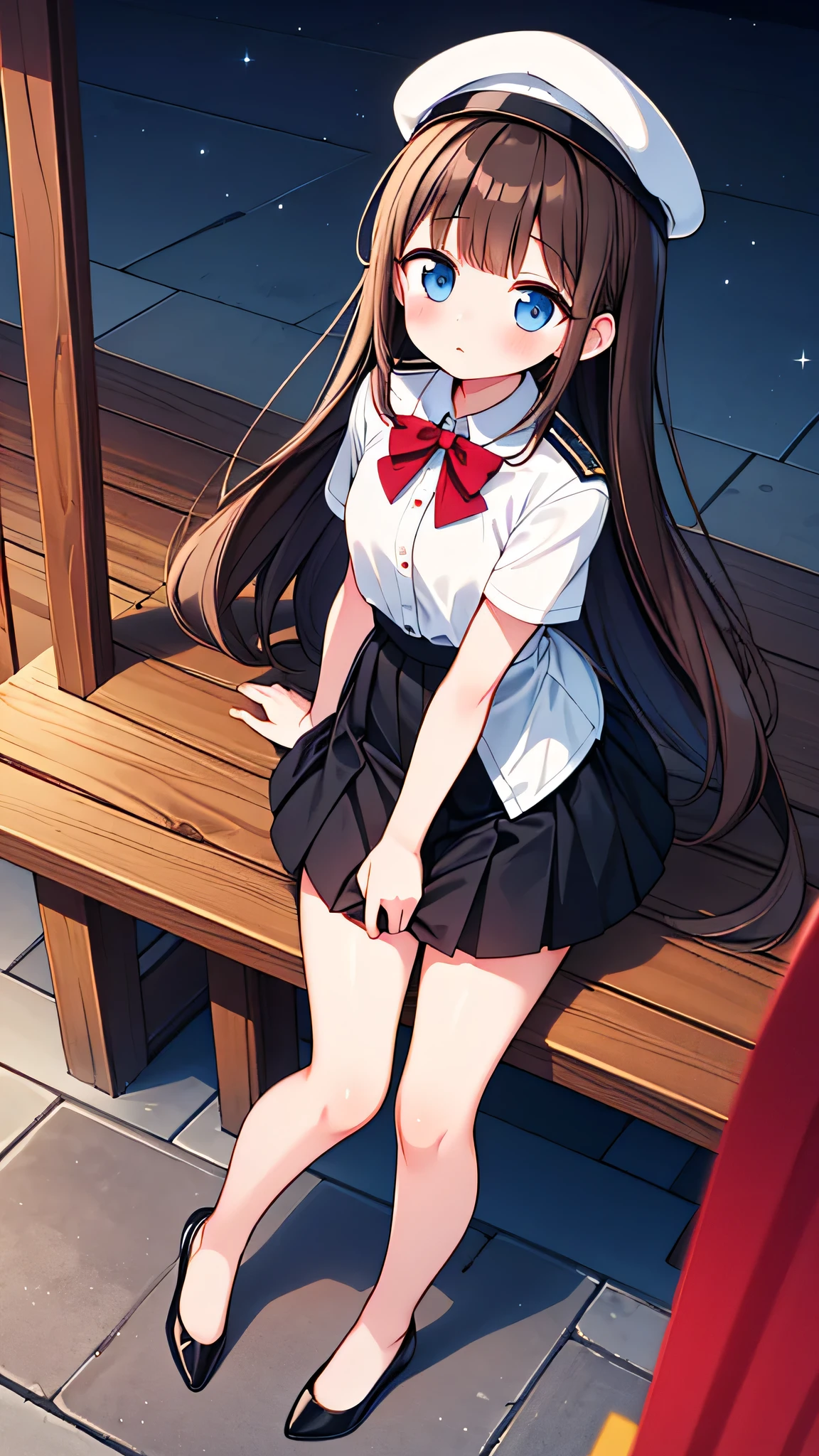 {Highest quality}, {Super beautiful},{Ultra fine},{Best illustration},Brown Hair,Hime cut,semi-long,Bangs,girl,Uniform cap,White Shirt,Short sleeve,Long black skirt,Night Park,Blushing,Slender women, A woman wearing plain black pumps,Bare feet and pumps,Stand with your legs together,From above