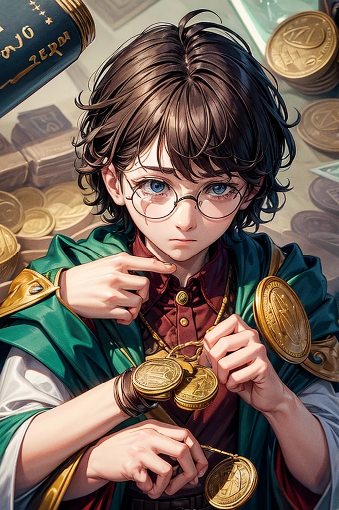 sticker, Hand-drawn style, Harry Potter cries with coins in his hand