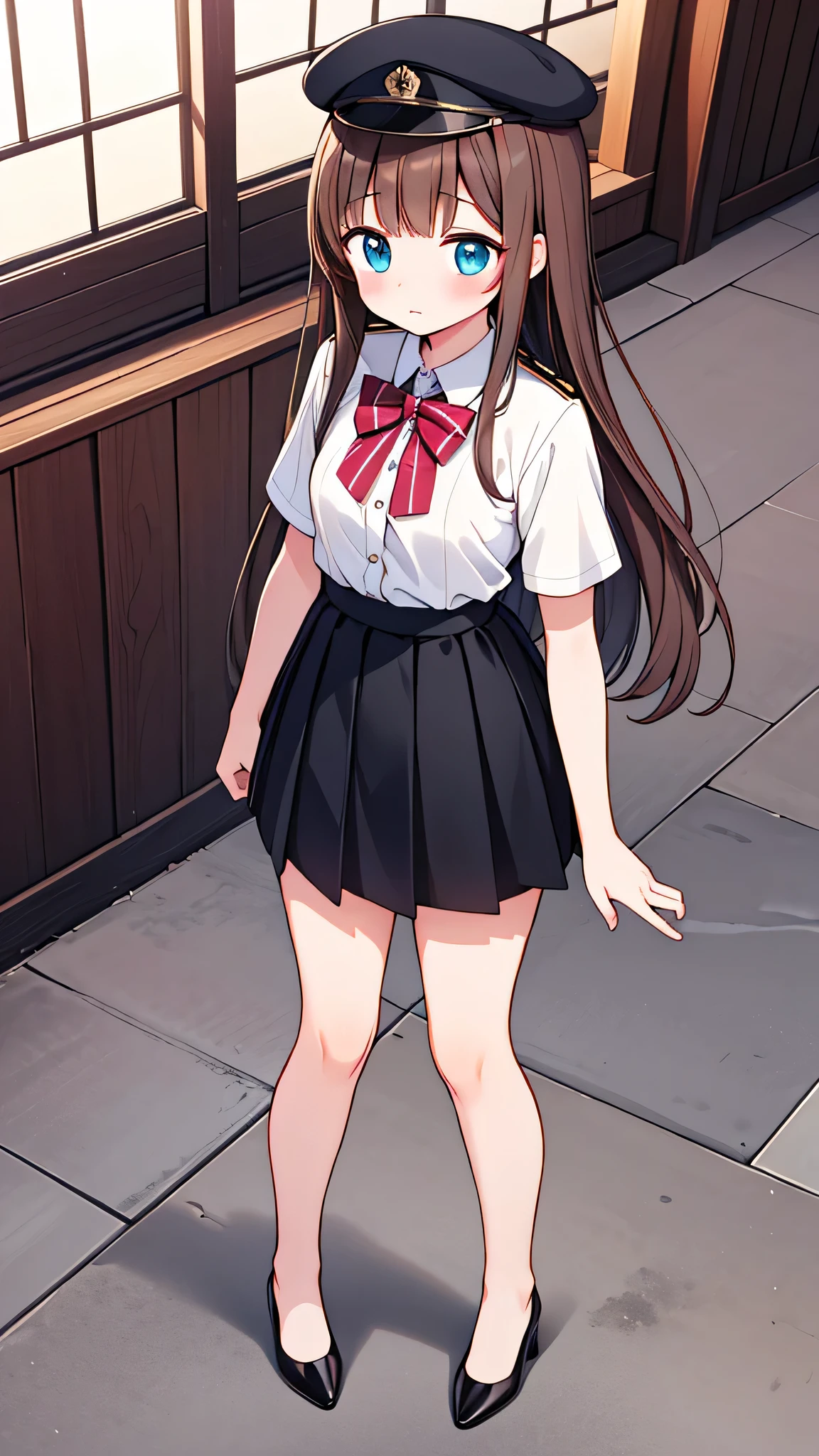 {Highest quality}, {Super beautiful},{Ultra fine},{Best illustration},Brown Hair,Hime cut,semi-long,Bangs,girl,Uniform cap,White Shirt,Short sleeve,Long black skirt,Night Park,Blushing,Slender women, A woman wearing plain black pumps,Bare feet and pumps,Stand with your legs together,From above