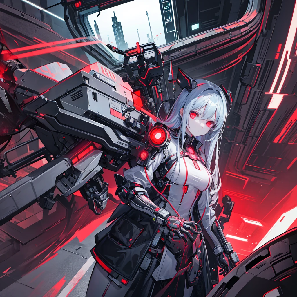 ,A girl with a mechanical body, and one cybernetic eye that glows red. In the background is a night view of a futuristic city,Beautiful Dress, Elegant, Dead, Horror, Anxious, Scary, Creepy, Scary, Spooky, Weird, Bizarre, Detailed