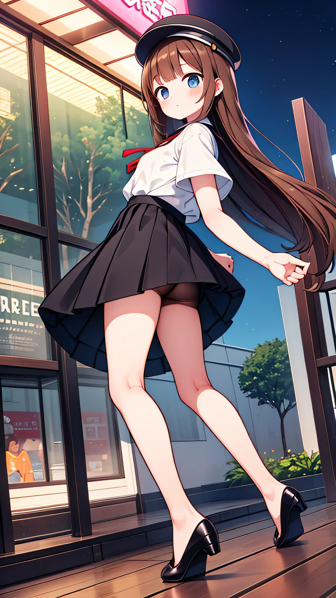 {Highest quality}, {Super beautiful},{Ultra fine},{Best illustration},Brown Hair,Hime cut,semi-long,Bangs,girl,Uniform cap,White Shirt,Short sleeve,Long black skirt,Night Park,Blushing,Slender women, A woman wearing plain black pumps,Bare feet and pumps,Stand with your legs together,From an angle,From above