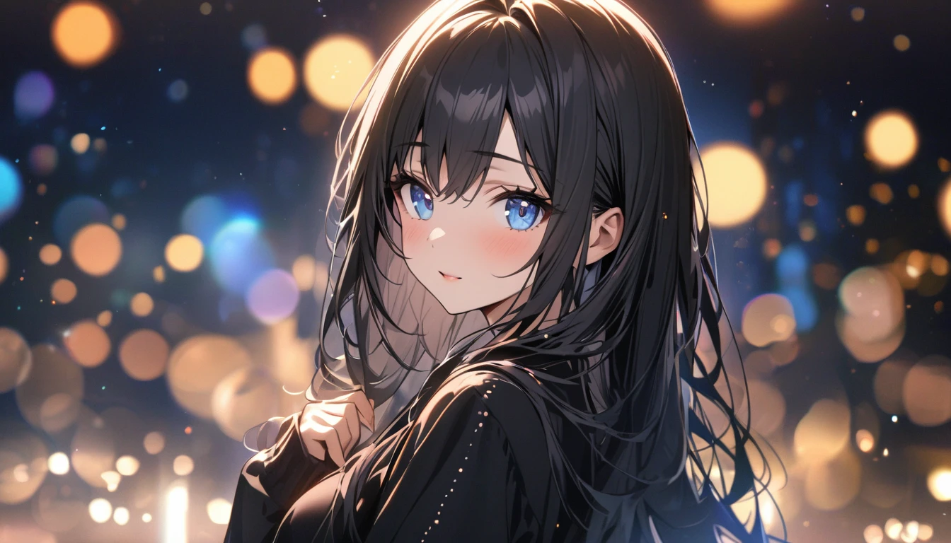 Full resolution, Highest quality, masterpiece, Full HD, Bokeh, particle Bokeh, Depth of written boundary, Beautiful girls, Very detailed, One girl, pretty girl, Black Hair, Long Hair, Blue water eyes