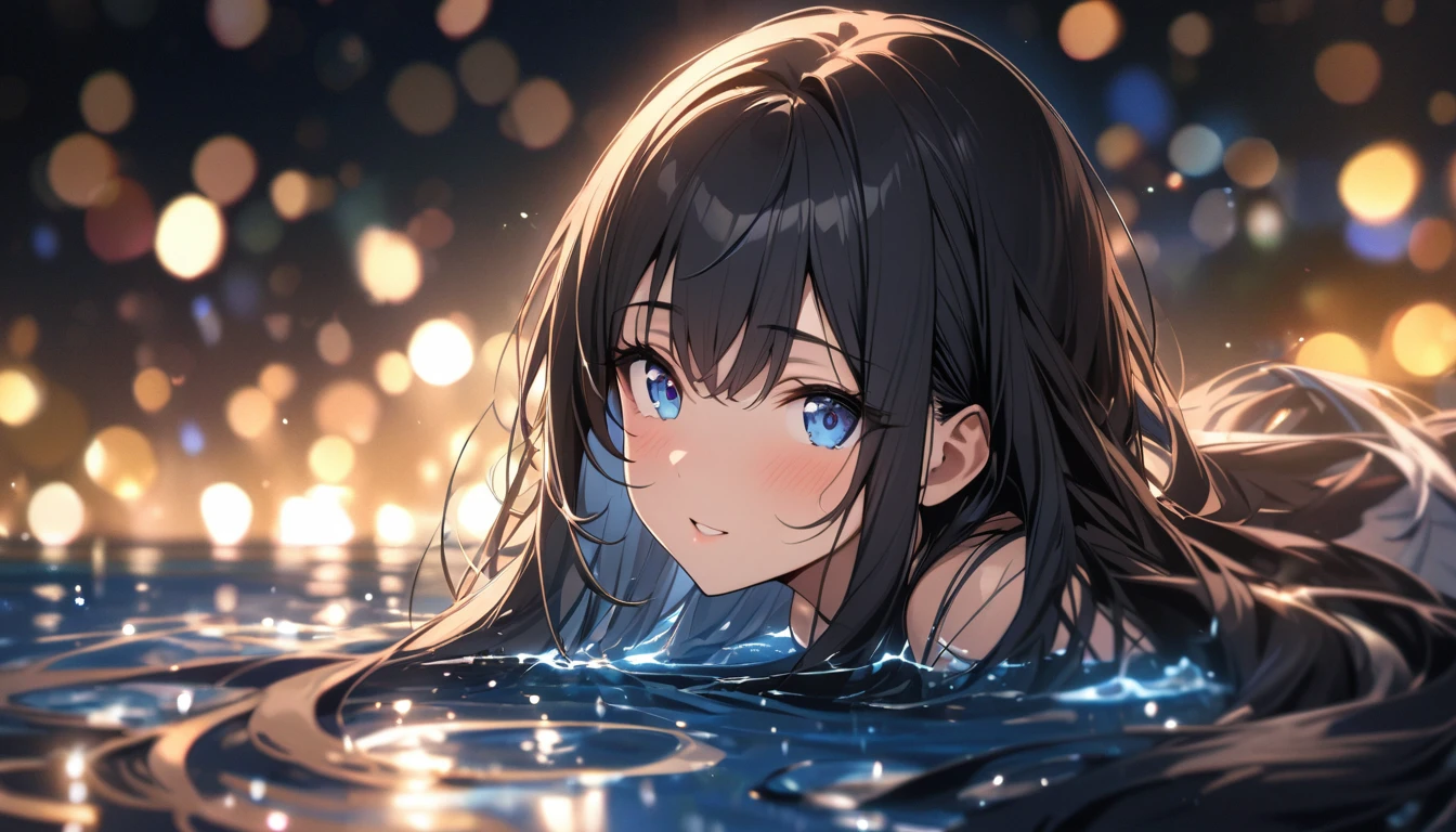 Full resolution, Highest quality, masterpiece, Full HD, Bokeh, particle Bokeh, Depth of written boundary, Beautiful girls, Very detailed, One girl, pretty girl, Black Hair, Long Hair, Blue water eyes