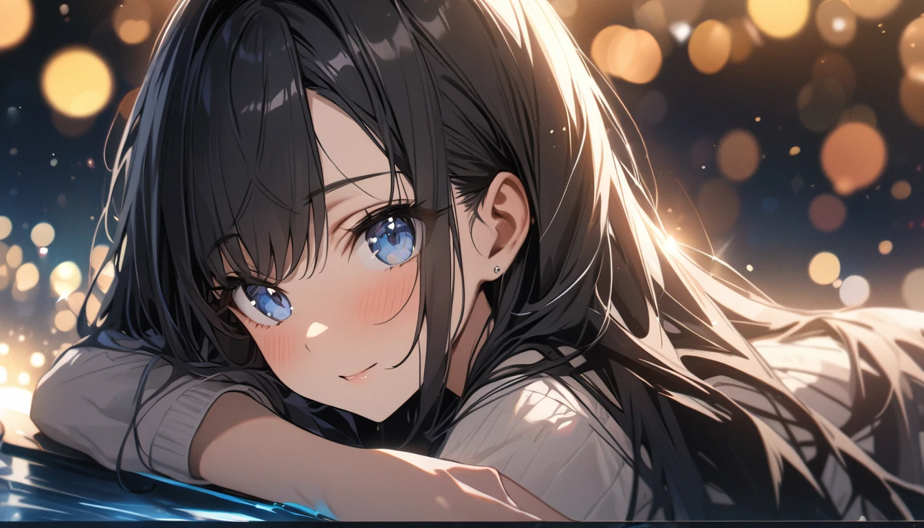 Full resolution, Highest quality, masterpiece, Full HD, Bokeh, particle Bokeh, Depth of written boundary,  Beautiful girls, Very detailed, One girl, pretty girl, Black Hair, Long Hair, Blue water eyes