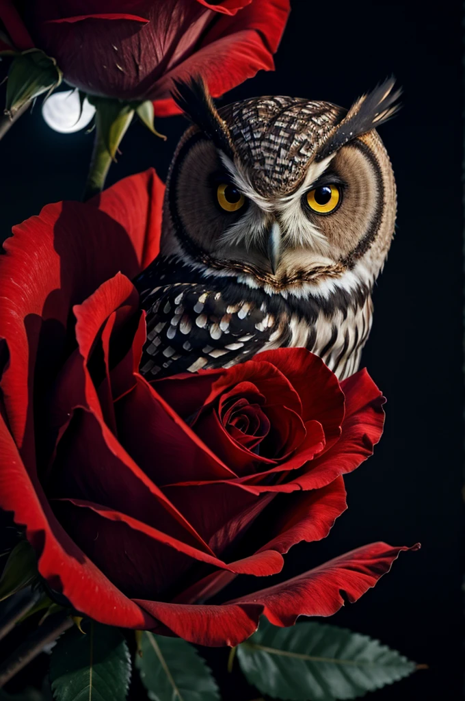Owl dark piercing gaze on top of red rose , night background with the moon 