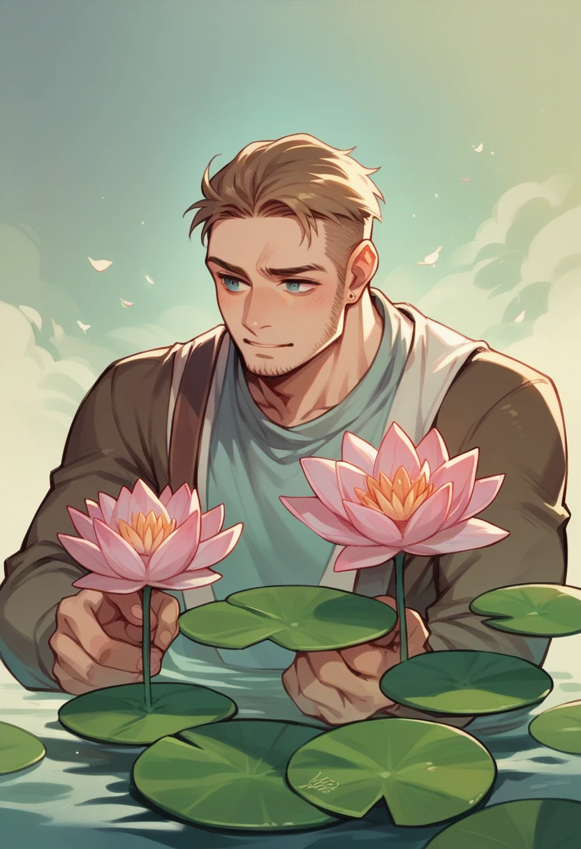 A boy holding a lotus leaf
