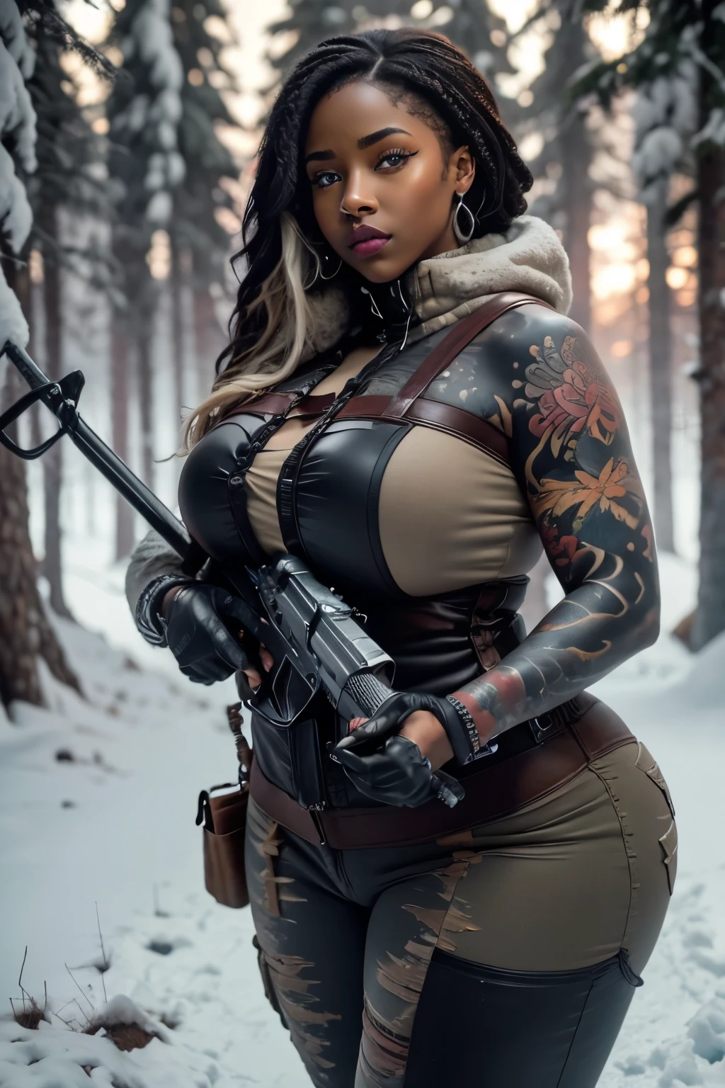 best quality,ultra-detailed,portrait, Teyonah Parris mixed with Joaquina Kalukango holding rifle, big woman, 300 lbs, strong thighs, curvy sexy body, woolly braided hair, very dark skin, beautiful detailed blue eyes, beautiful detailed lips, detailed long woolly braided hair, tattoos all over, tattoos on side face and arms, winter coat, cargo pants, cold icy atmosphere, blood in the snow, frosty landscape, dark winter night, snowy ground, distant mountains, snow-covered trees, steely expression, sharp focus on the rifle, metallic texture,crisp, high contrast, cool color tones,dramatic lighting