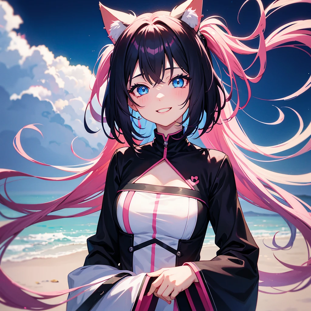 Very cute female anime half human cat, black and pink hair , blue eyes, beautiful background. Laughing,8k,1girl,solo