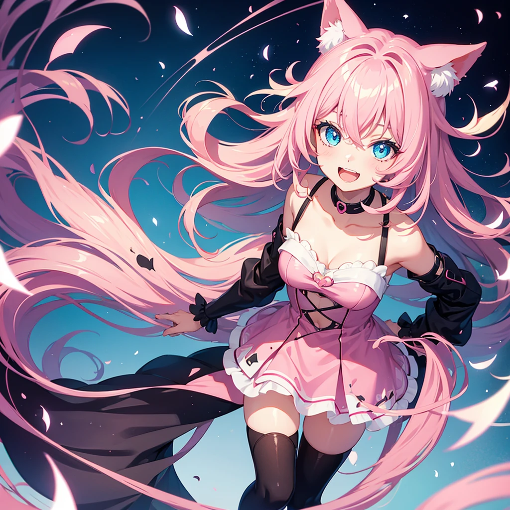 Very cute female anime half human cat, black and pink hair , blue eyes, beautiful background. Laughing,8k,1girl,solo