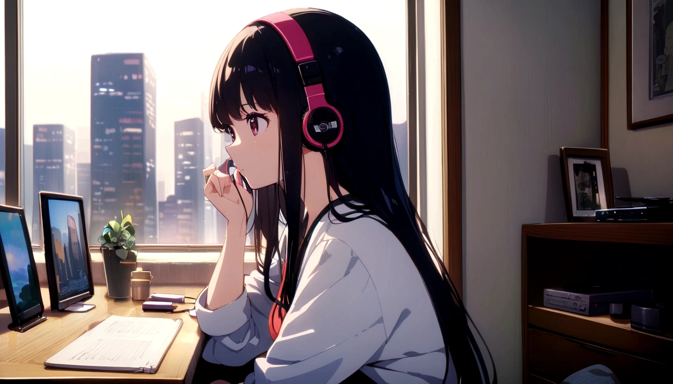 midnight、A beautiful girl in casual clothes studying while listening to music with headphones in her room。Dim lighting。Outside the room, there are many tall buildings.。Japanese anime style。