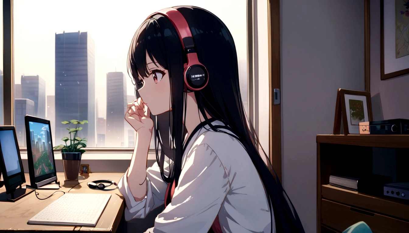 midnight、A beautiful girl in casual clothes studying while listening to music with headphones in her room。Dim lighting。Outside the room, there are many tall buildings.。Japanese anime style。