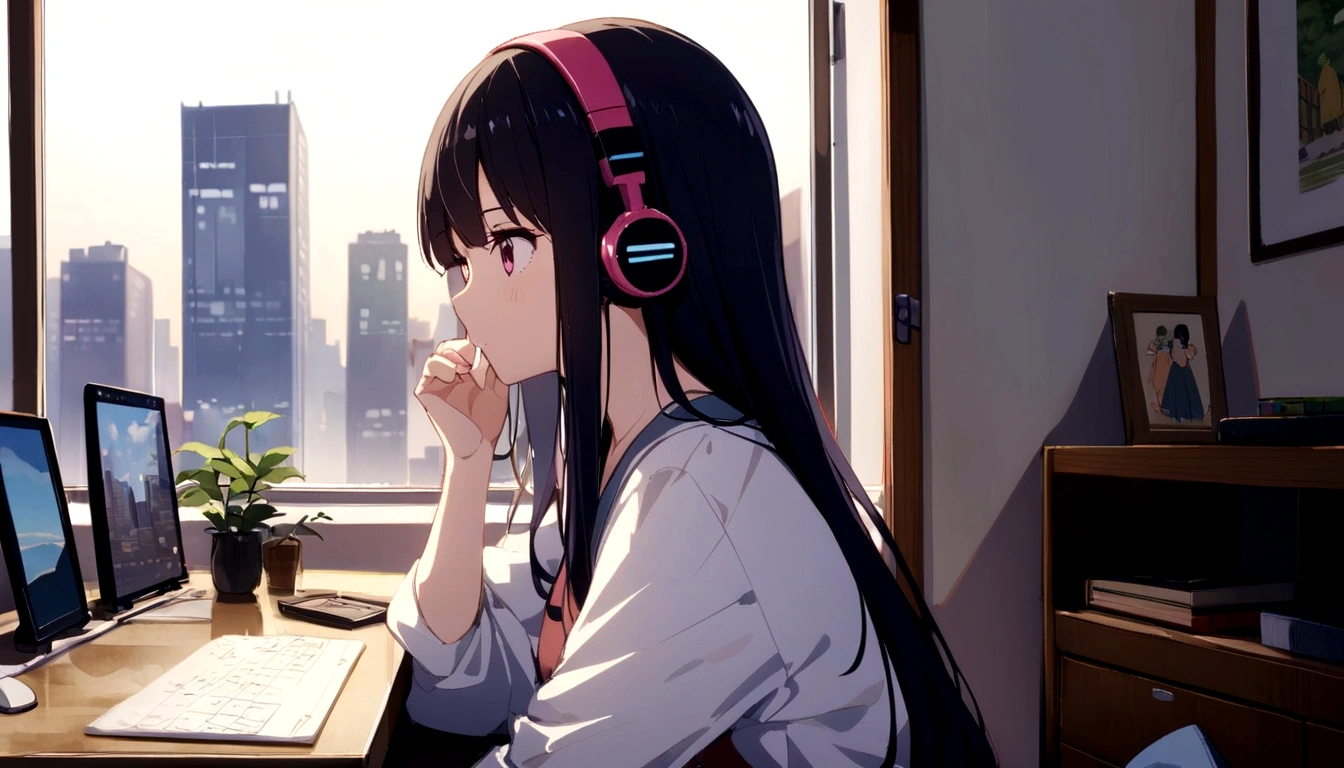 midnight、A beautiful girl in casual clothes studying while listening to music with headphones in her room。Dim lighting。Outside the room, there are many tall buildings.。Japanese anime style。