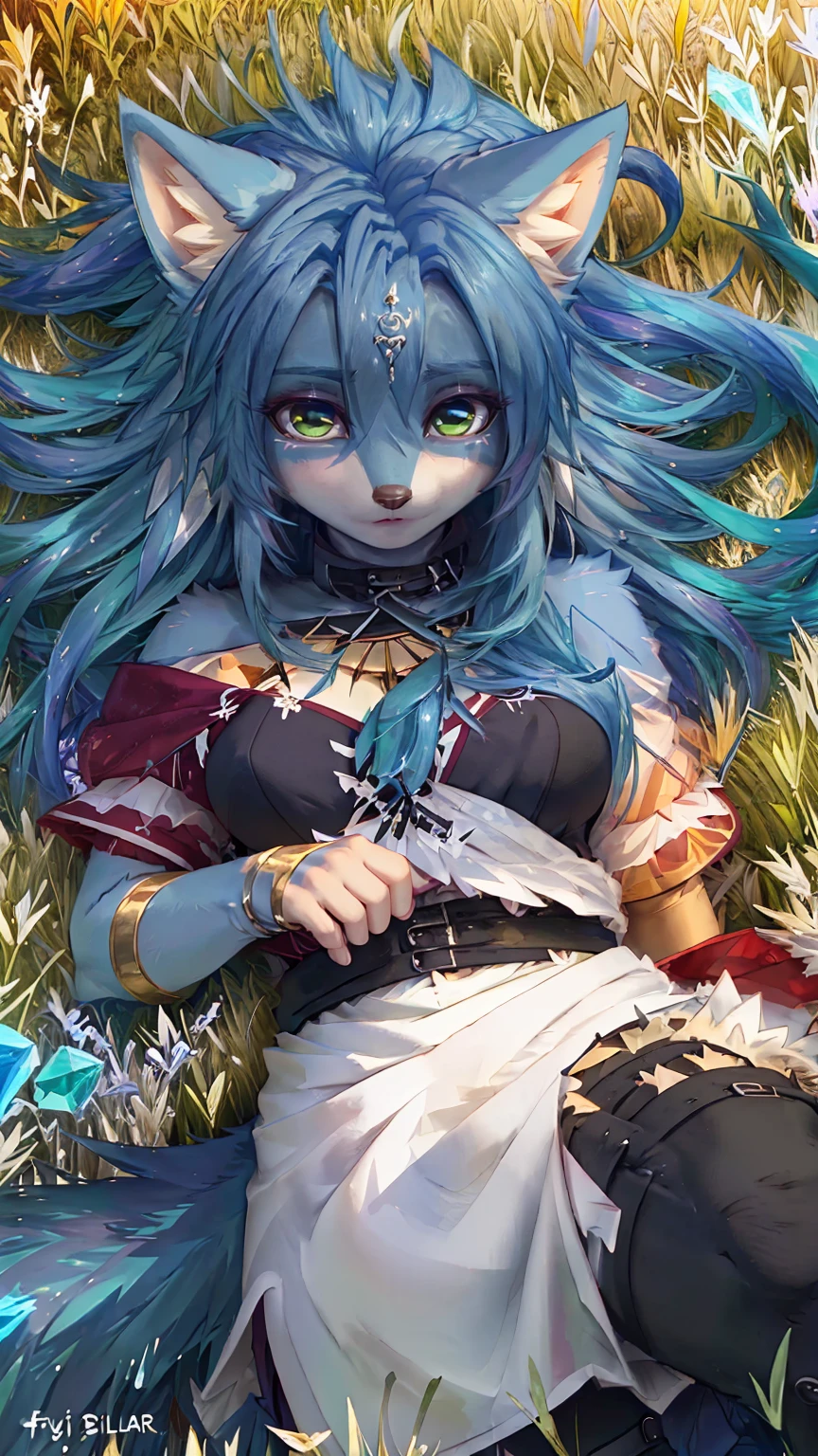 A beautiful and detailed (sweet portrait) wa ((Crystal)), Star Fox Crystal, sslim, lovable, green eyes, medium breasts, (((Long blue hair 1.3))), Decollete, anthro, furry, Uploaded E621, detailed fluffy fur, (wa Fluff-Kevlar, Bayard Wu, personalize me, Pino Daeni), detailed face, (fluffy), 1 girl, alone, sweet girl, ((lies on a meadow:1.3)), looks at the viewer, Viewer is above the, ihr ganzer Körper ist wa Kopf bis Fuß sichtbar, Tribal clothing 
