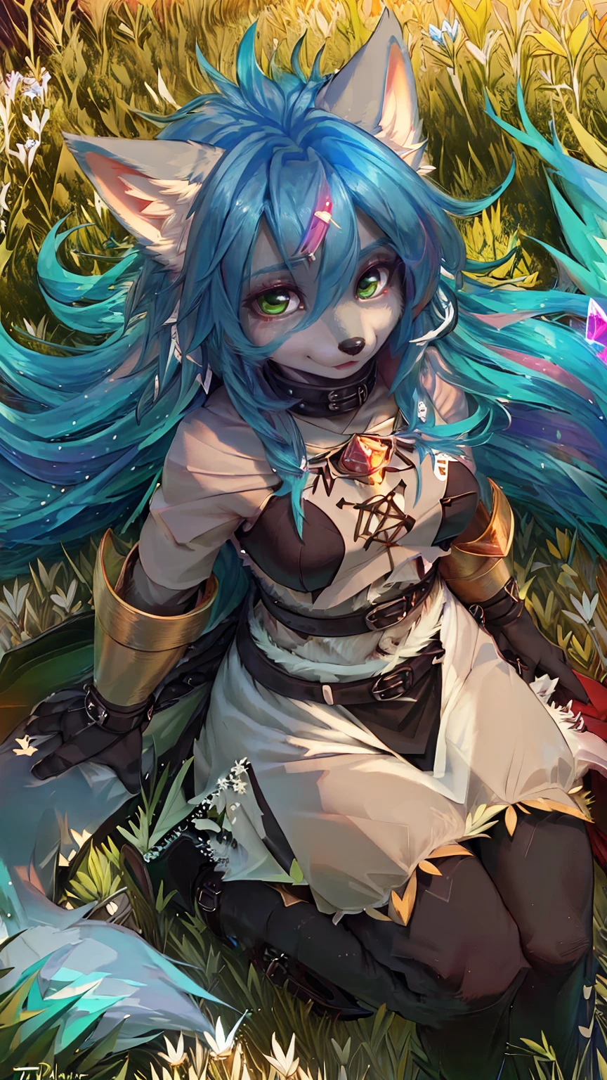 A beautiful and detailed (sweet portrait) wa ((Crystal)), Star Fox Crystal, sslim, lovable, green eyes, medium breasts, (((Long blue hair 1.3))), Decollete, anthro, furry, Uploaded E621, detailed fluffy fur, (wa Fluff-Kevlar, Bayard Wu, personalize me, Pino Daeni), detailed face, (fluffy), 1 girl, alone, sweet girl, ((lies on a meadow:1.3)), looks at the viewer, Viewer is above the, ihr ganzer Körper ist wa Kopf bis Fuß sichtbar, Tribal clothing 
