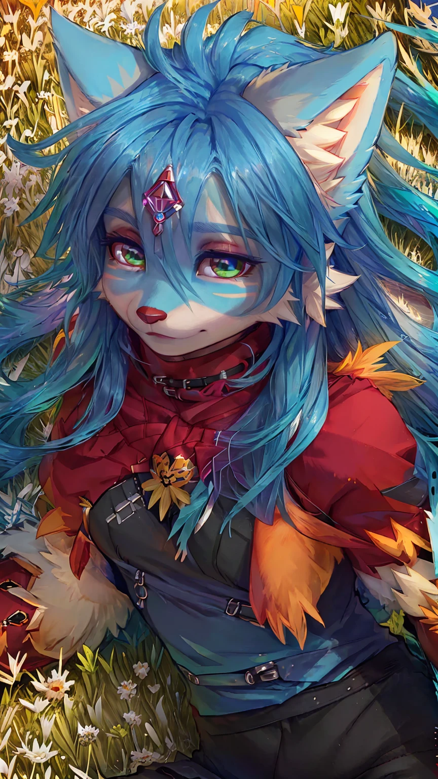 A beautiful and detailed (sweet portrait) wa ((Crystal)), Star Fox Crystal, sslim, lovable, green eyes, medium breasts, (((Long blue hair 1.3))), Decollete, anthro, furry, Uploaded E621, detailed fluffy fur, (wa Fluff-Kevlar, Bayard Wu, personalize me, Pino Daeni), detailed face, (fluffy), 1 girl, alone, sweet girl, ((lies on a meadow:1.3)), looks at the viewer, Viewer is above the, ihr ganzer Körper ist wa Kopf bis Fuß sichtbar, Tribal clothing 
