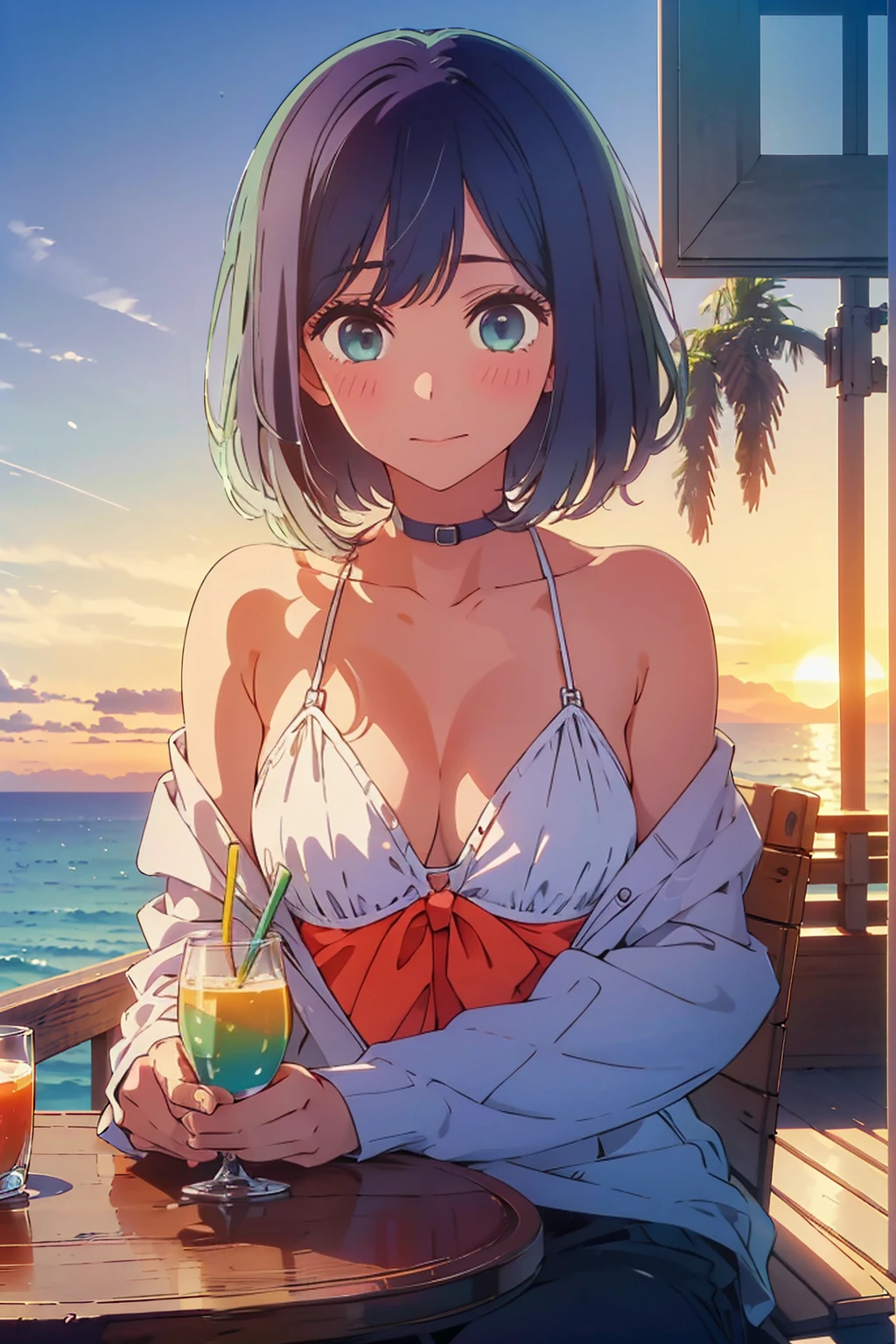 (Highest quality:1.4、masterpiece:1.4、Super detailed:1.4、8K:1.4)、((((1 person、Surprised expression、sit、Outdoor café terrace、coastal、juice、table、Sandy Beach、bikini、juiceのグラスを持つ、Big eyes、Shallow depth of field、Very cute face))))、(((bikiniサイズは小さい)))、(((sunset、Sunset)))、F cup bust、Big Breasts