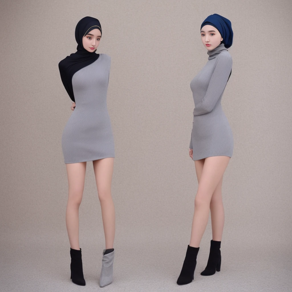Hijab girl, Mongolian hijab girl, gorgeous Hijab girl, hyperdetailed, perfect body, lower body, Wear turtleneck tight dress, Mini skirt, Show thighs, 