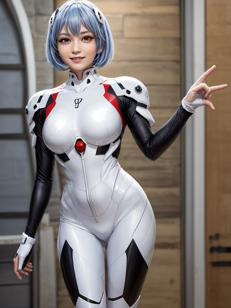 Masterpiece, highest quality, 8K, detailed skin texture, fine cloth texture, beautiful detailed face, intricate details, super detailed, portrait of Rei Ayanami, blue hair, red eyes, looking far away, no background, Evangelion Wearing a plug suit when riding, plug suit, whole body visible, standing, arms crossed, 15 years old, beautiful, cute, great style, smiling,composition that shows the whole body,