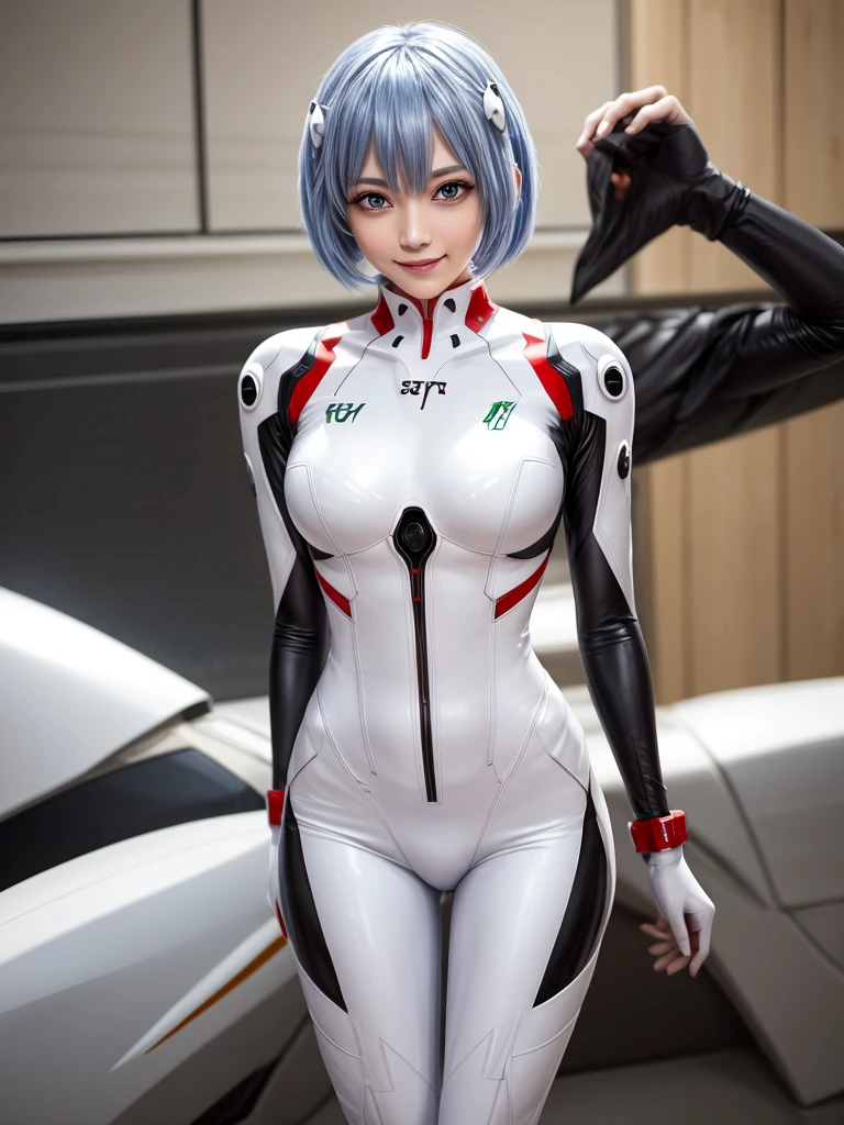 Masterpiece, highest quality, 8K, detailed skin texture, fine cloth texture, beautiful detailed face, intricate details, super detailed, portrait of Rei Ayanami, blue hair, red eyes, looking far away, no background, Evangelion Wearing a plug suit when riding, plug suit, whole body visible, standing, arms crossed, 15 years old, beautiful, cute, great style, smiling,composition that shows the whole body,