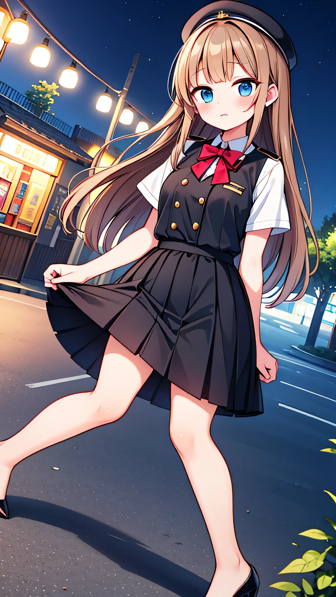 {Highest quality}, {Super beautiful},{Ultra fine},{Best illustration},Brown Hair,Hime cut,semi-long,Bangs,Uniform cap,White Shirt,Short sleeve,Long black skirt,Night Park,Blushing,Slender women, A woman wearing plain black pumps,Bare feet and pumps,Stand with your legs together,From an angle