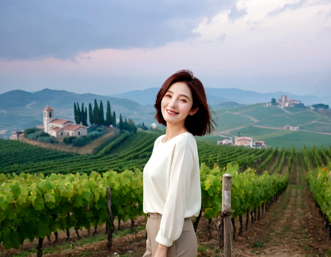 k Best picture quality, Beautiful 36-year-old Korean woman, short and nice weather. Chest size 34 inches, Dense fog at dawn in the Italian countryside, past the vineyard, The cathedral can be seen in the fog on a hill in the distance., The back background is realistic and vivid image quality, short medium hair blowing in the wind, Wear comfortable travel clothes and casual pants., Smile slightly. the background is clear, Short and slim Korean woman, stand far away, Photo taken with a wide-angle lens