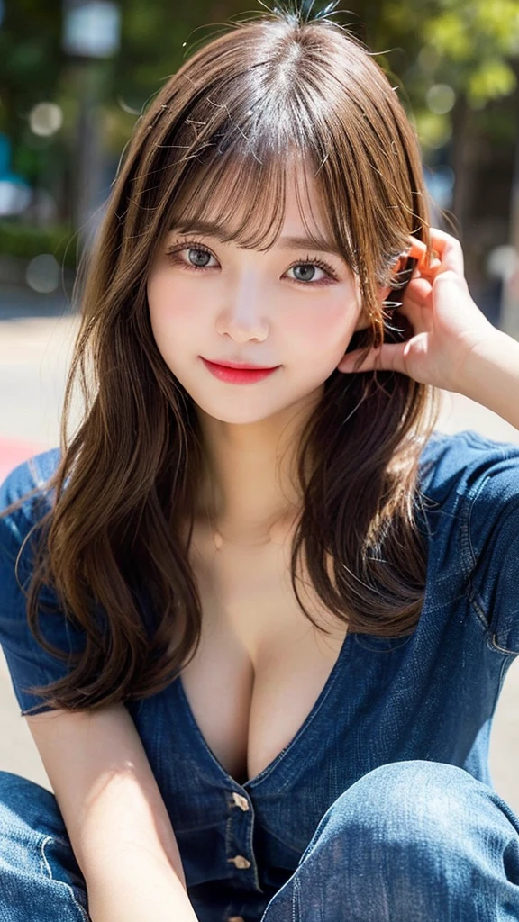 highest quality, shape, Very detailed, finely, High resolution, 8k wallpaper, Perfect dynamic shape, Beautiful and detailed, Summer clothes,Medium Hair,Natural color lip,smile,20-year-old girl、Midnight、Beautiful and elaborate face、Perfect and beautiful face、Slim face and figure,spread your arms wide,Big eyes,Take a photo with your face raised from below your knees、Small face、Beautifully detailed face、Perfect and beautiful double eyelids、Big cleavage、Long, Slender legs、One Woman、gravure、Skinny jeans、Watching the audience、run