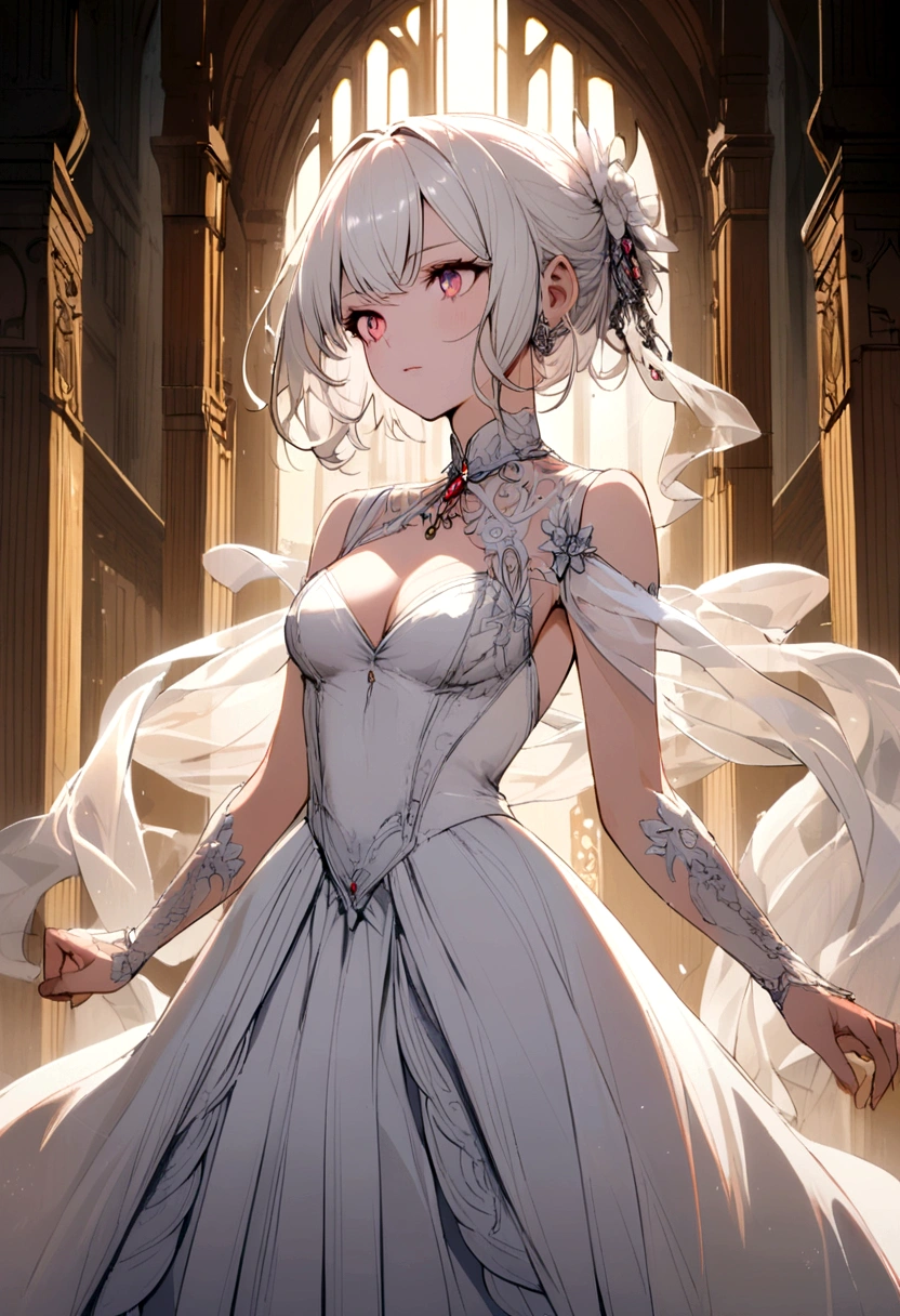nafw,(2 girls:1.3),(duo),breast,absurdres,best quality,very aesthetic,absurdres,bra,(light silver White hair),太もも,(purple),(straight-on),(long hair),(gown),(bare breasts)
