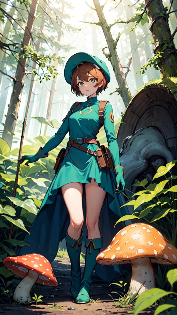 Nausicaa,One girl,
green_dress,length_sleeve,
green gloves,
spats,
knees_boots,
whole body,
Fungi_forest,