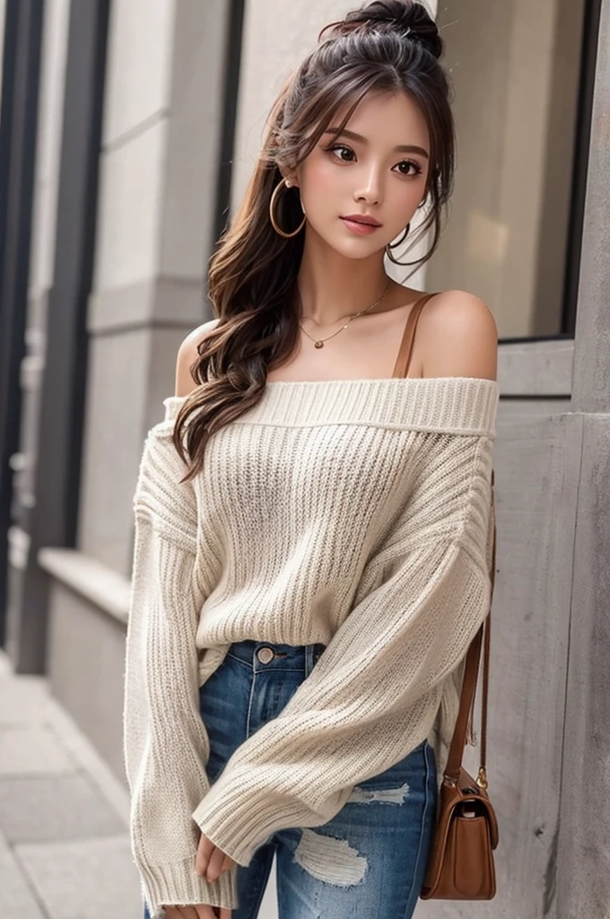 ((Highest quality)), ((masterpiece)), (detailed), One girl, Off-the-shoulder sweater, 