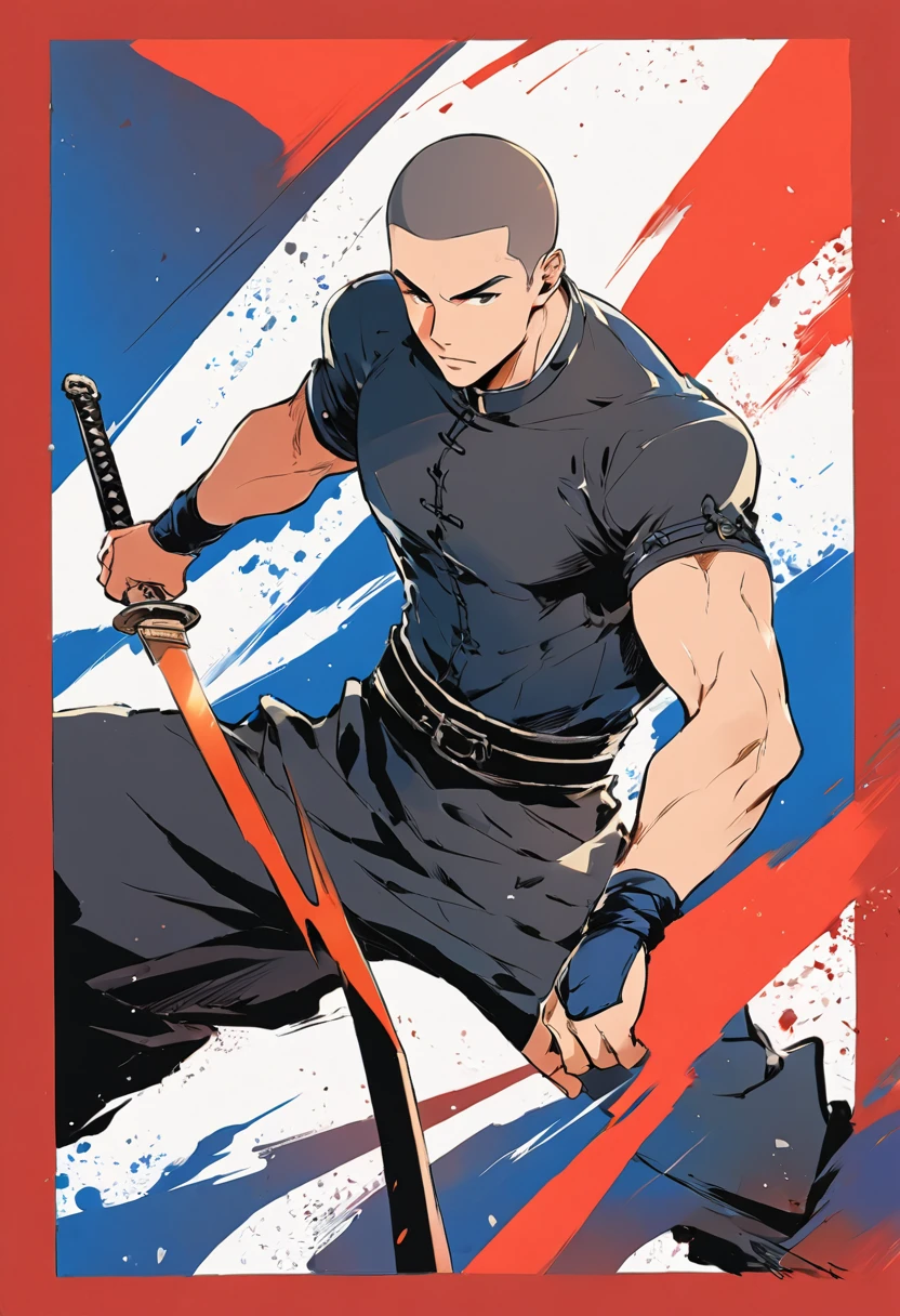Chinese swordsman,Male swordsman,muscular,short hair,Buzz Cut,Handsome,Simple lines,Abstract Art,Holding a red long sword,