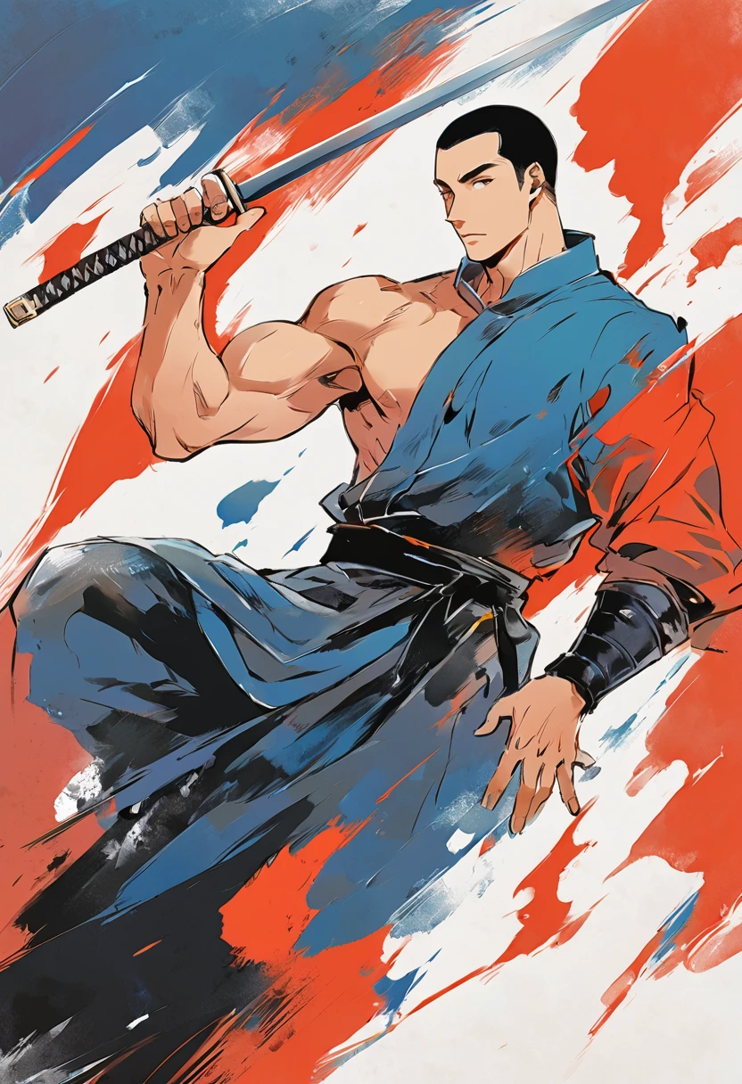 Chinese swordsman,Male swordsman,muscular,short hair,Buzz Cut,Handsome,Simple lines,Abstract Art,Holding a red long sword,