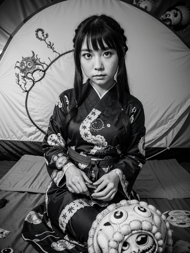 (1 girl:1.2), solo, himecut,traditional japanese clothes, red eyes,cartoon style, joe fenton, a black and white photo of deadpan, camping, unbecoming, gnawling, envy, Ghast (Lovecraftian),calm, soft smile, Wayne Barlowe,, in gochuumon wa usagi desu ka? style, nostalgic