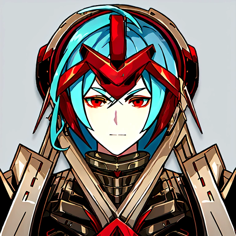 masterpiece, best quality, simple background, simple background, simple background, simple background, portrait, solo, 1boy, 30 years old, light turquoise hair, metal part of the face, broken wires sticking out, bright red eyes, iron plates on the body, robot