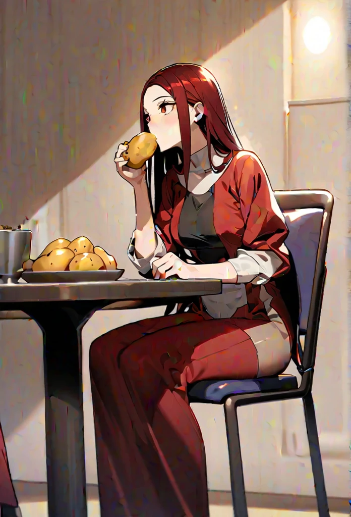 Tall slim woman, long dark red hair, eyes big browns, thin pale lips. Light brunette. She is wearing the  of the exploration lesion. He is eating a potato in a chair ,Aot 