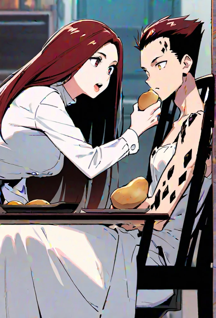 Tall slim woman, long dark red hair, eyes big browns, thin pale lips. Light brunette. She is wearing the  of the exploration lesion. He is eating a potato in a chair ,Aot 