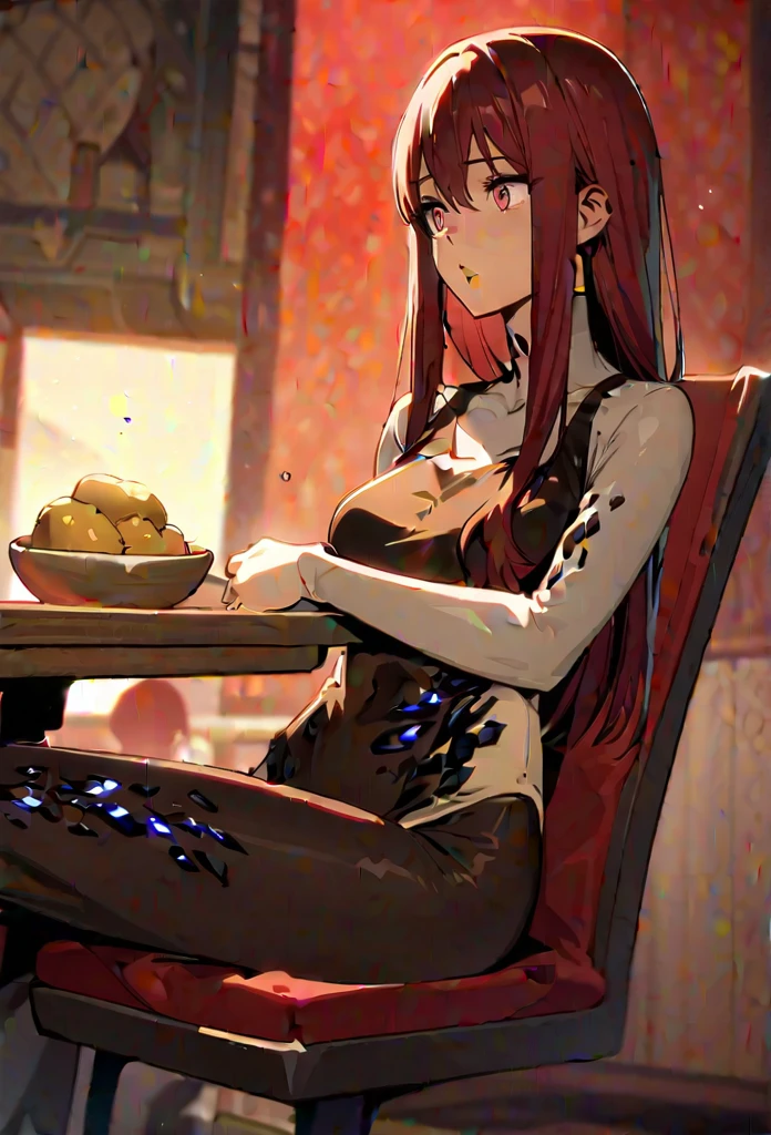 Tall slim woman, long dark red hair, eyes big browns, thin pale lips. Light brunette. She is wearing the of the exploration lesion. He is eating a potato in a chair ,Aot