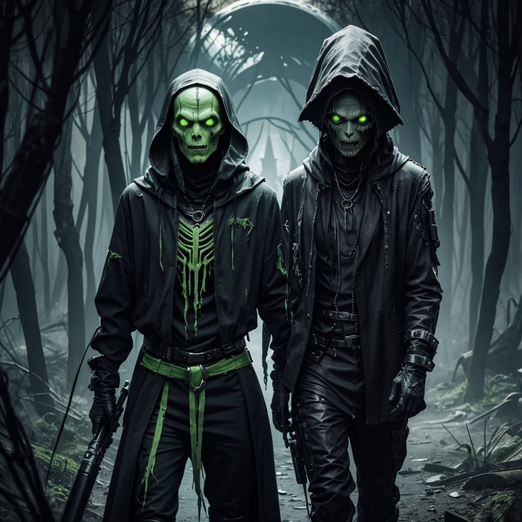 Make an alien race, as if he were a zombie, with futuristic clothes and equipment. an old and necrotic witch. your skin is green and rotten.