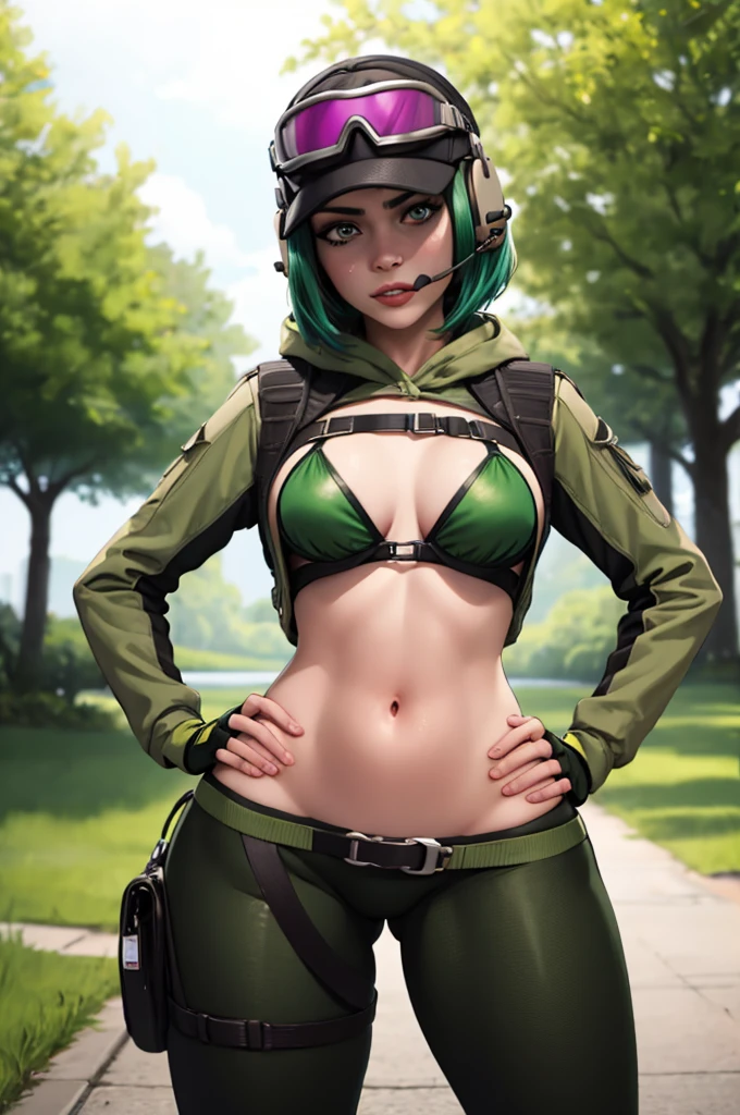 masterpiece, best quality, outdoors, depth of field, lens flare, 1girl, solo, breasts, looking at viewer, elar6, lips, goggles, hat, green hair, fingerless gloves, headset, bikini , hands on hips,