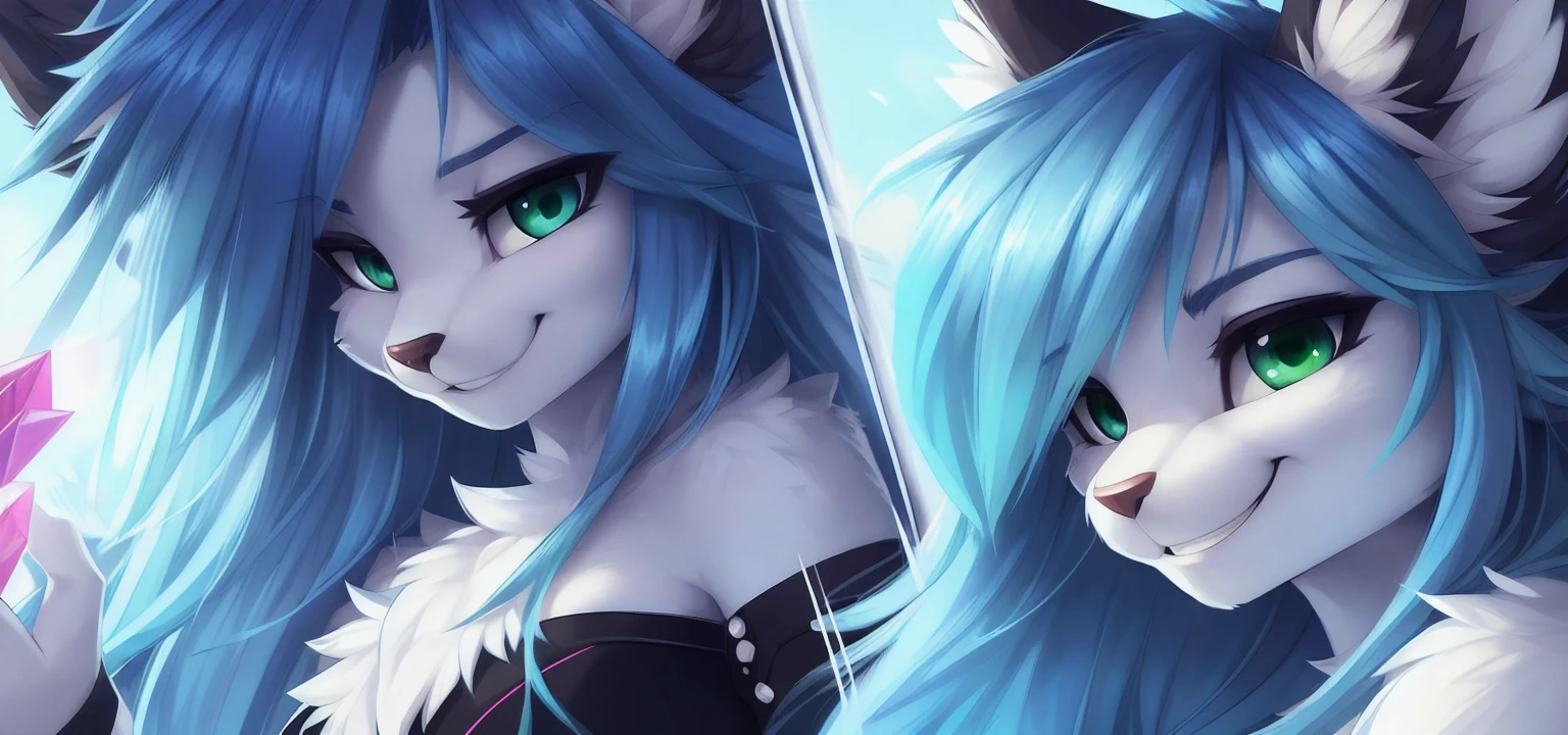 A beautiful and detailed (sweet portrait) wa ((Crystal)), Sternenfuchs Crystal, sslim, lovable, green eyes, medium breasts, (((Long blue hair 1.3))), Decollete, grin, look up,, anthro, furry, Uploaded E621, detailed fluffy fur, (wa Fluff-Kevlar, Bayard Wu, personalize me, Pino Daeni), detailed face, (fluffy), 1 girl, alone, wears a magician's robe