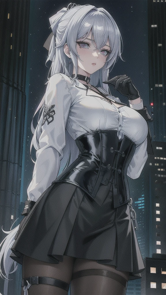 Masterpiece, Beautiful art, professional artist, 8k, art style by sciamano240, rostro de Bronya Zaychik, detailed body, Very detailed face, Detailed clothing, detailed fabric, Best Quality, better resolution,  1 girl, front view, big breasts, serious expression, city background, at night , silver hair, choker:1.6, (long sleeve white collar buttoned shirt), (shiny black corset), black gloves covering your hands, (shiny black miniskirt), looking at the viewer,
