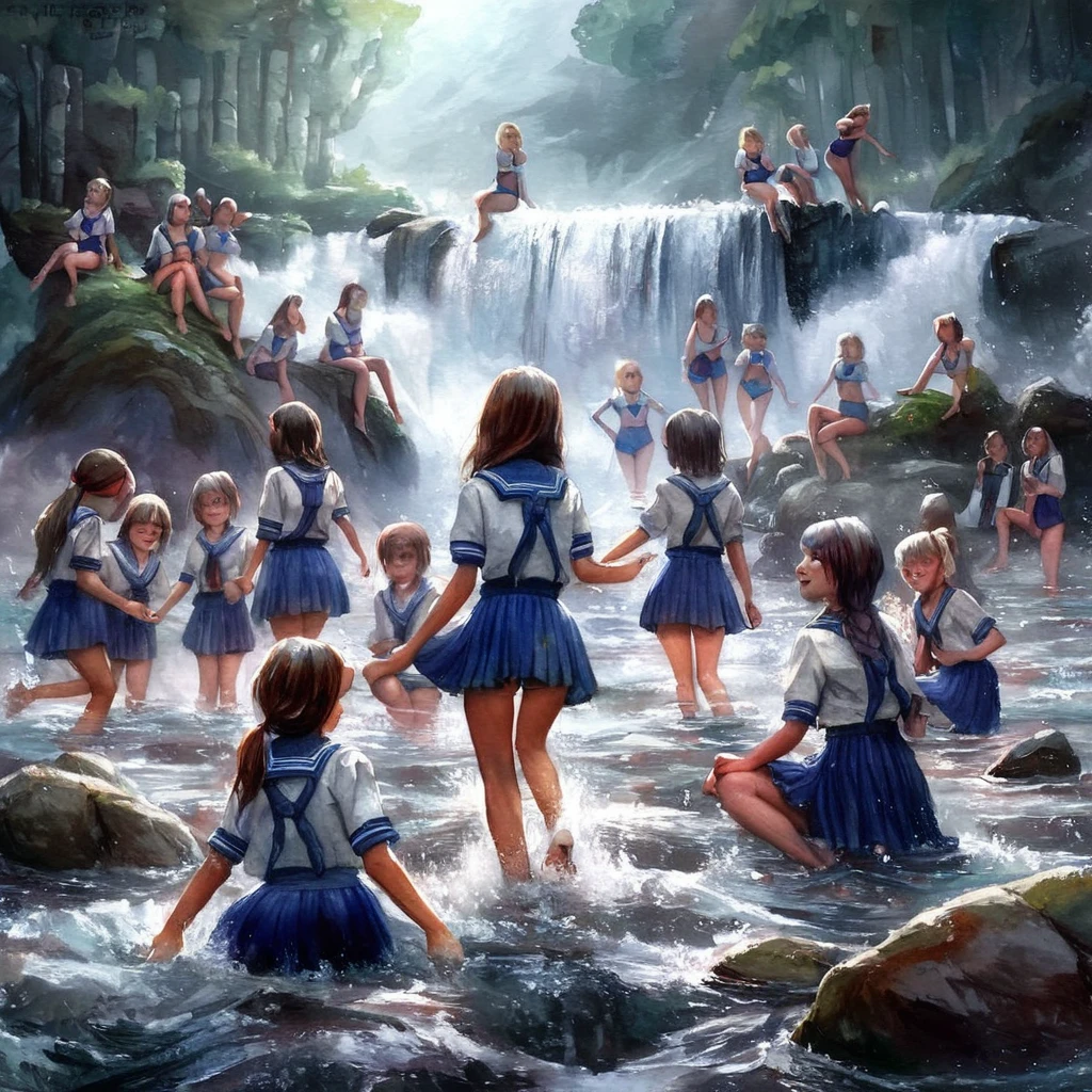 Realistic watercolor painting world。15 Russian schoolgirls wear school swimsuits at a mountain waterfall、(((playing in the water to the point that their legs, hips, and panties are on full display)))。Let it be a sublime painting that exudes a sense of happiness.。